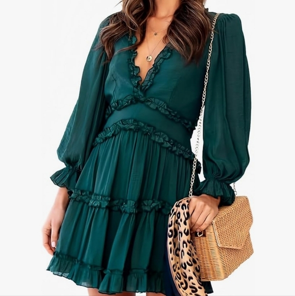 Forest Green Deep V Neck Ruffle Long Sleeve Open Back Flowy Mini Dress - Picture 3 of 7